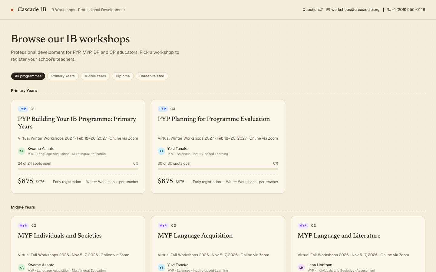 A public workshop catalogue listing open workshops by IB programme